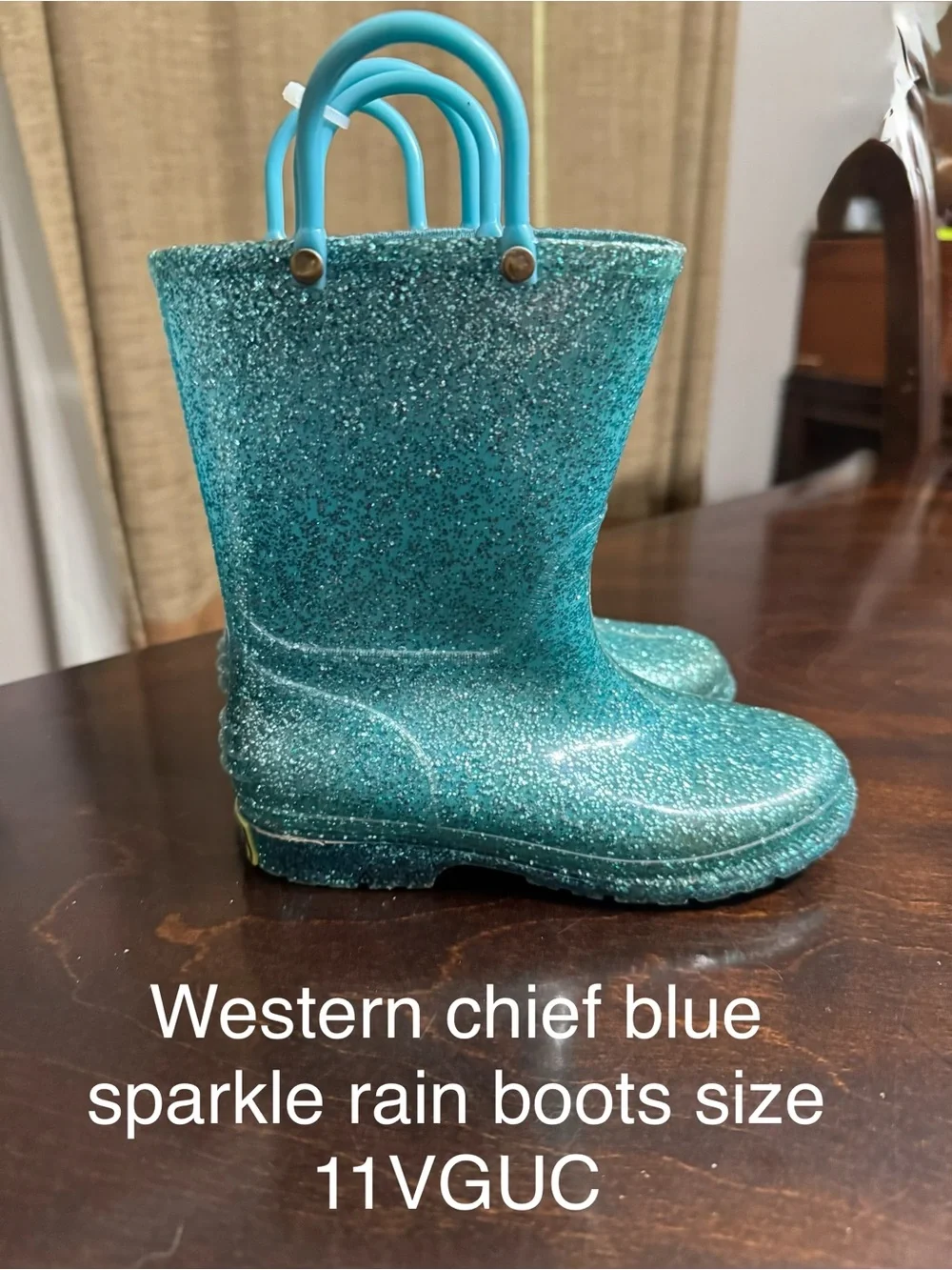 Western Chief Glitter Teal Kids Rain Boots with Handles